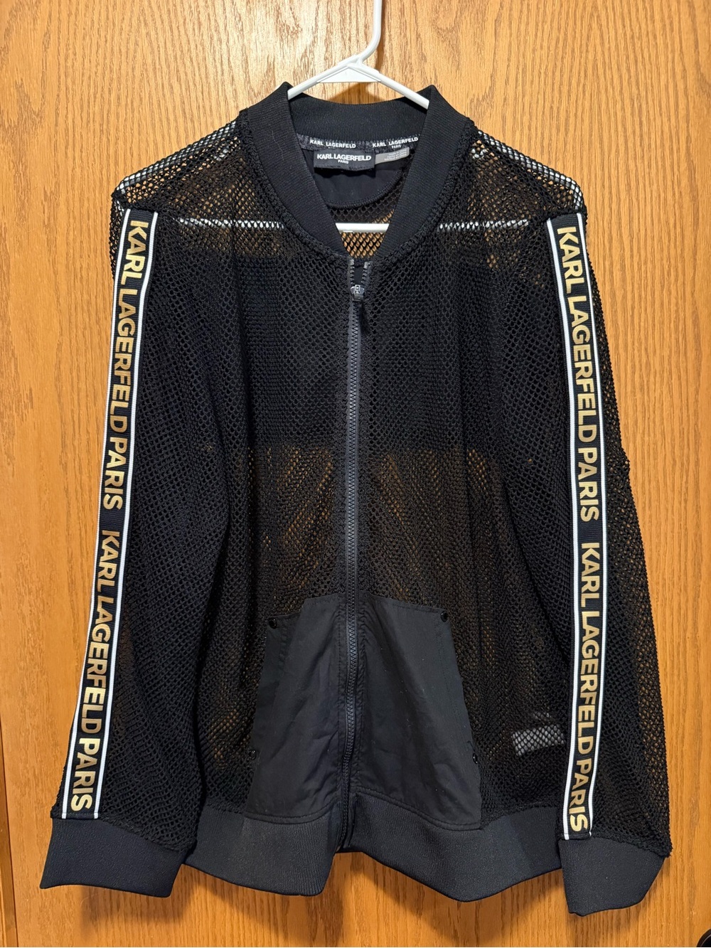 Karl Lagerfeld Paris Women's Black Sheer Mesh Bomber Track Jacket Gold Logo